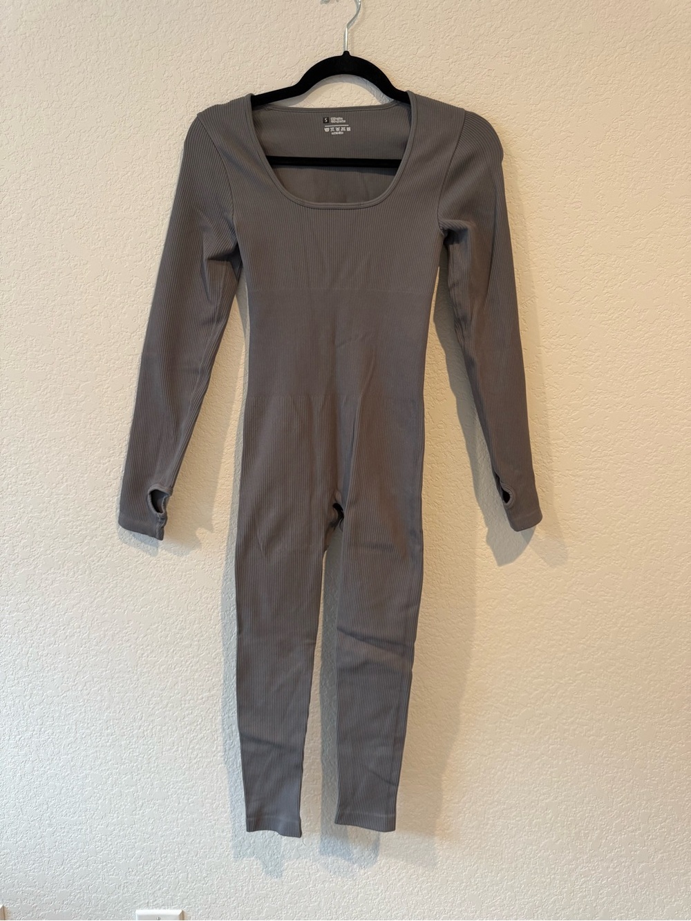 Gray Ribbed Long-Sleeve Jumpsuit